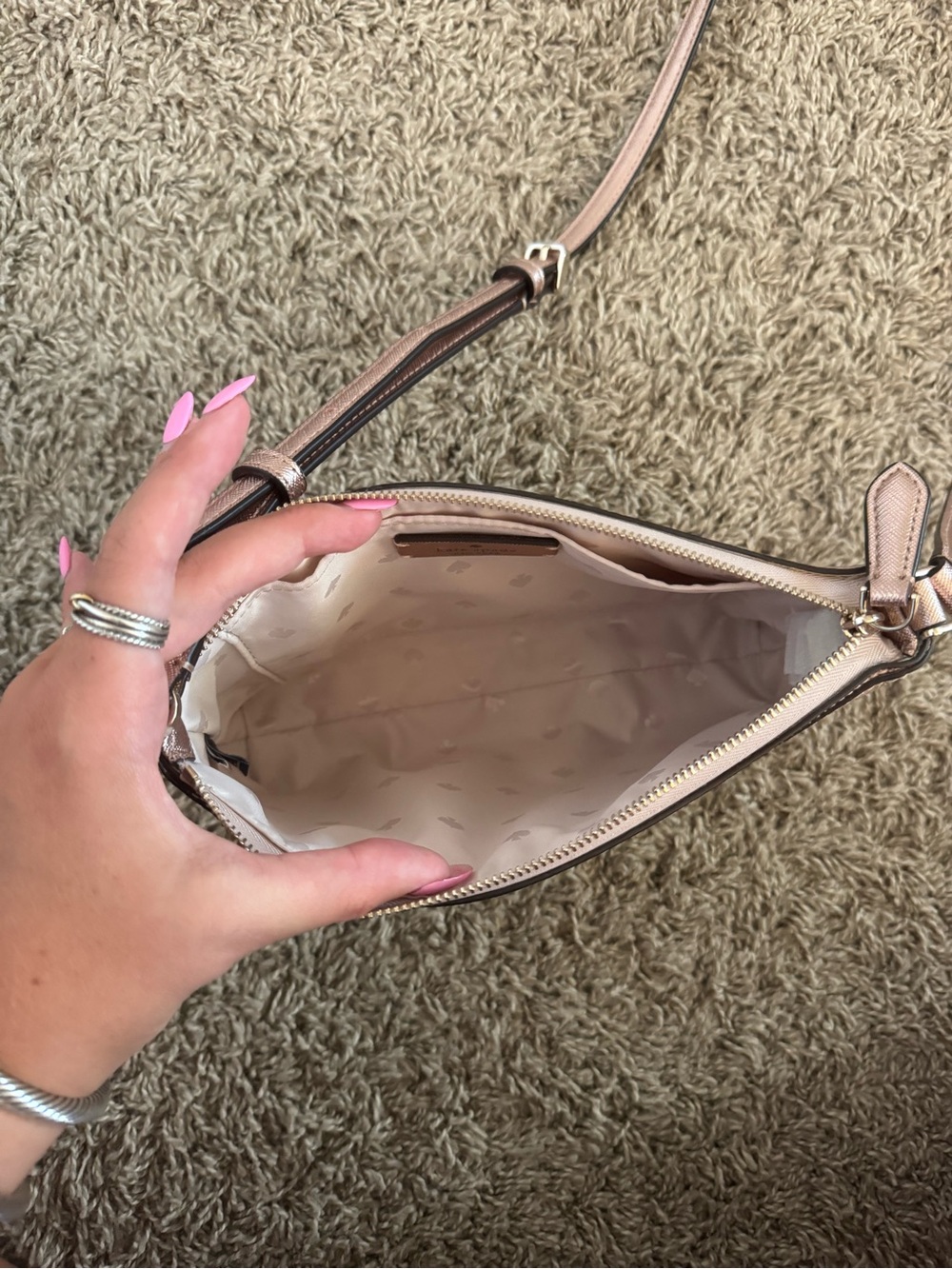 kate spade Rose Gold Glitter Crossbody Bag with Pink Strap Accents - Picture 3 of 5
